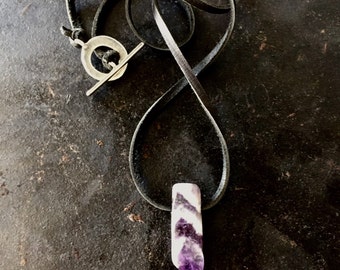 Mens amethyst necklace on a black deerskin leather cord, mens purple crystal, chevron amethyst necklace, amethyst jewelry, amethyst crystal