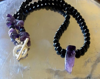 Mens black obsidian necklace with a purple amethyst crystal, mens purple crystal, amethyst necklace, amethyst jewelry, amethyst and obsidian