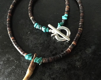 Wolf tooth necklace, wolf tooth necklace with dark brown penn shell and turquoise, wolf necklace, wolf animal spirit necklace, wolf tooth
