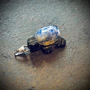 Può includere: Un piccolo ciondolo a forma di tartaruga scolpita. Il guscio della tartaruga è un mix di blu e giallo, mentre il corpo è nero. Ha un fermaglio color argento. Il ciondolo è probabilmente fatto di pietra o materiale simile.