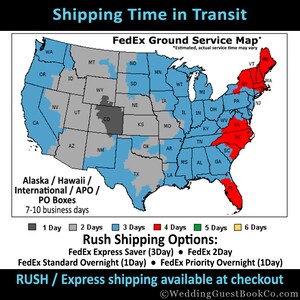 May include: A map of the United States showing FedEx Ground Service delivery times. The map is color-coded to show the number of days it takes to ship to different locations. The map shows that shipping to Alaska, Hawaii, international locations, APO, and PO boxes takes 7-10 business days. The map also shows that shipping to the contiguous United States takes 1-6 days, depending on the location. The map includes the text "FedEx Ground Service Map" and "Estimated, actual service time may vary".