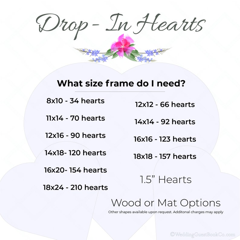 May include: A chart showing different frame sizes for drop-in hearts, with the number of hearts that fit in each size. The chart is titled "What size frame do I need?" and includes sizes from 8x10 to 18x24 inches. The text also states "1.5" Hearts" and "Wood or Mat Options".