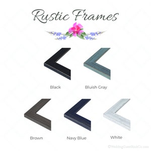 May include: Six different color options for rustic picture frames. The frames are shown in black, bluish gray, brown, navy blue, and white.