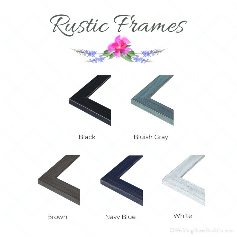 May include: Six different color options for rustic picture frames. The frames are shown in black, bluish gray, brown, navy blue, and white.