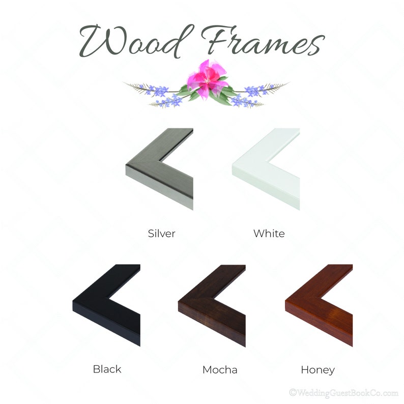 May include: Five different wood frames for pictures or artwork. The frames are shown in silver, white, black, mocha, and honey.