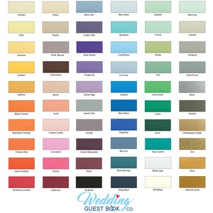 May include: A color chart with 60 different paint colors, each with a name. The colors are arranged in rows and columns. The chart is titled "Wedding Guest Book Co."