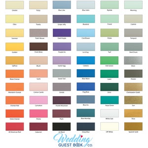 May include: A color chart with 60 different paint colors, each with a name. The colors are arranged in rows and columns. The chart is titled "Wedding Guest Book Co."