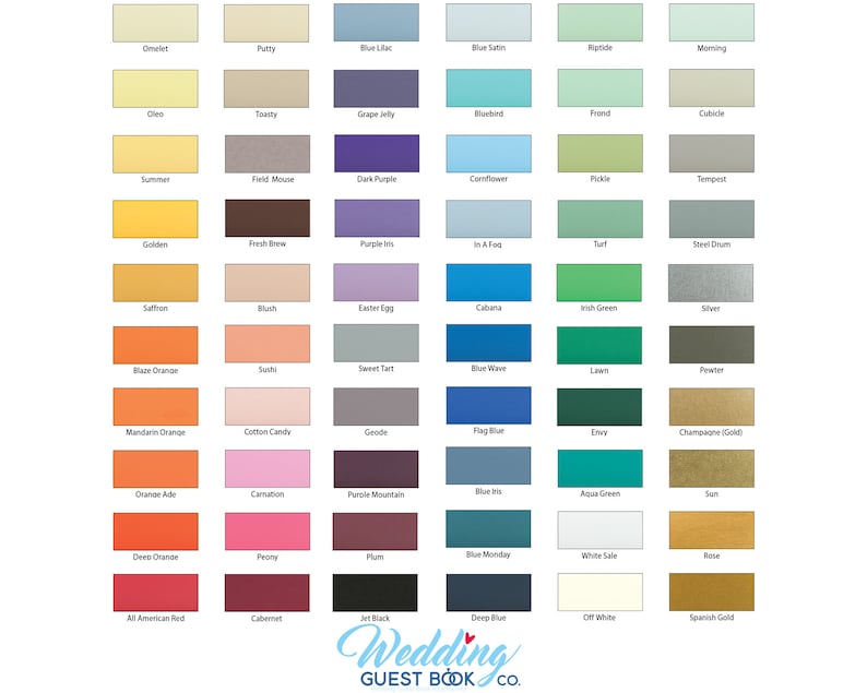 May include: A color chart with 60 different paint colors, each with a name. The colors are arranged in rows and columns. The chart is titled "Wedding Guest Book Co."