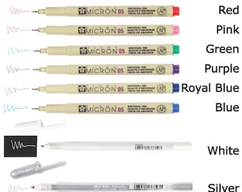 May include: A set of 14 pens in various colors, including black, sepia, brown, orange, red, pink, green, purple, royal blue, blue, white, silver, gold, and copper. The pens are arranged vertically in a row, with the color of the ink shown next to each pen. The pens are all labeled with the brand name "MICRON" or "GELLY ROLL Metallic".