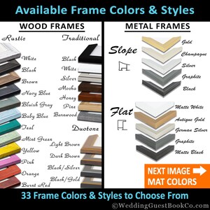 May include: A chart showing 33 different frame colors and styles to choose from. The chart is divided into two sections: Wood Frames and Metal Frames. The Wood Frames section includes Rustic and Traditional styles, while the Metal Frames section includes Slope and Flat styles. The chart also includes a list of available colors for each style.