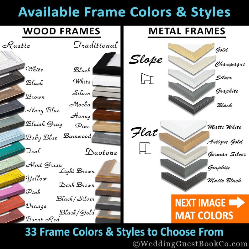 May include: A chart showing 33 different frame colors and styles to choose from. The chart is divided into two sections: Wood Frames and Metal Frames. The Wood Frames section includes Rustic and Traditional styles, while the Metal Frames section includes Slope and Flat styles. The chart also includes a list of available colors for each style.
