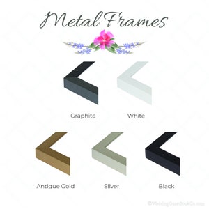 May include: Five different metal picture frames in various colors: graphite, white, antique gold, silver, and black. The frames are all in the shape of a right angle, with the corner facing the viewer. The frames are arranged in a grid pattern, with the graphite frame in the top left corner, the white frame in the top right corner, the antique gold frame in the bottom left corner, the silver frame in the bottom middle, and the black frame in the bottom right corner.
