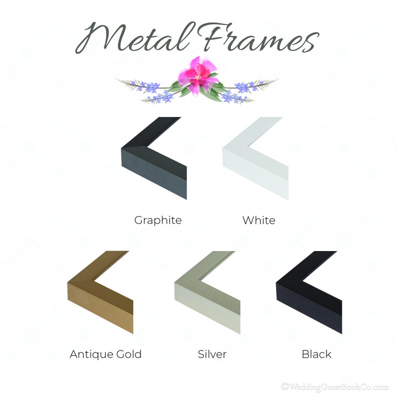 May include: Five different metal picture frames in various colors: graphite, white, antique gold, silver, and black. The frames are all in the shape of a right angle, with the corner facing the viewer. The frames are arranged in a grid pattern, with the graphite frame in the top left corner, the white frame in the top right corner, the antique gold frame in the bottom left corner, the silver frame in the bottom middle, and the black frame in the bottom right corner.