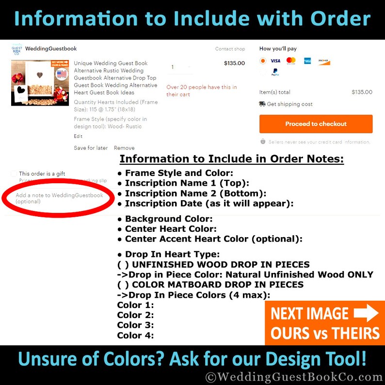 May include: A guide for customizing a wedding guest book with instructions on how to include frame style, inscription names, dates, and heart colors. The image also shows a sample wedding guest book with rustic wood frame and heart-shaped pieces.