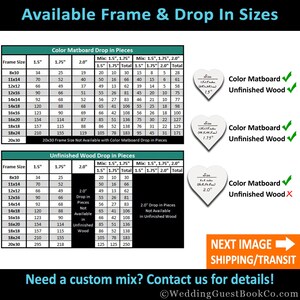 May include: Chart showing available frame and drop-in sizes for a picture frame. The chart lists different frame sizes in inches, including 8x10, 11x14, 12x12, 12x16, 14x14, 14x18, 16x16, 16x20, 18x18, 18x24, and 20x30. The chart also lists different matboard drop-in sizes in inches, including 1.5", 1.75", and 2.0". The chart shows the total number of pieces needed for each frame size and matboard drop-in size.