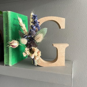 Floral letters - homegrown and dried flowers on freestanding natural wooden letter personalised