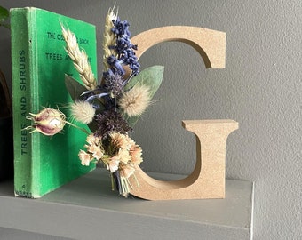 Floral letters - homegrown and dried flowers on freestanding natural wooden letter personalised