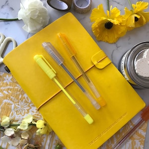 Bright Yellow Faux Leather Wrap A5 Refillable Journal Notebook - bright yellow with plain pages inserts.