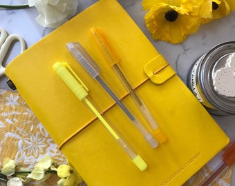 Bright Yellow Faux Leather Wrap A5 Refillable Journal Notebook - bright yellow with plain pages inserts.