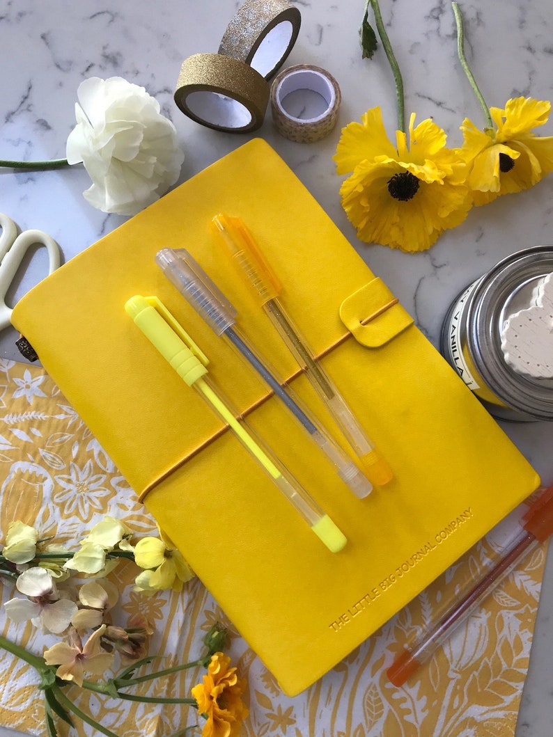 Bright Yellow Faux Leather Wrap A5 Refillable Journal Notebook bright yellow with plain pages inserts. image 1
