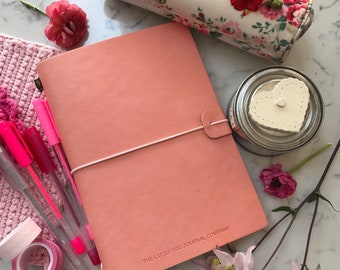 Rose Pink Faux Leather Wrap A5 Refillable Journal Notebook -rose pink with plain pages inserts.