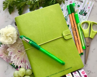 Bright Green Faux Leather Wrap A5 Refillable Journal Notebook - Bright green with plain pages inserts.