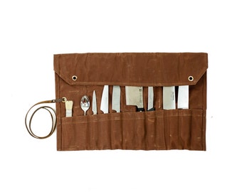 Estuche para cuchillos de chef, lona encerada y cuero