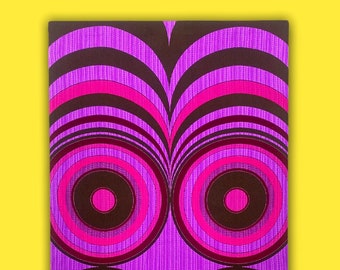 1970s Vintage Abstract Mod Style Wall Decor, Purple & Black Psychedelic Owl Mask, 21" x 36" Framed Stretched Furnishing Fabric Print