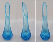 1960 39 s Vintage Mid Century Modern MCM Style Aqua Blue Swung Stretch Glass Flower Vase with Fluted Sides, 14.5 quot Tall