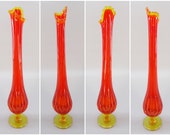 1960 39 s Vintage Mid Century Modern Style Fenton Orange Red Yellow Amberina Swung Stretch Glass Footed Flower Vase, 17.5 quot Tall MCM Decor