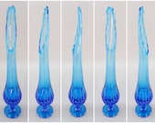 1960 39 s Vintage L. E. Smith Mid Century Modern MCM Style Cobolt Aqua Blue Swung Stretch Glass Flower Vase with Footed Base, 17.5 quot Tall