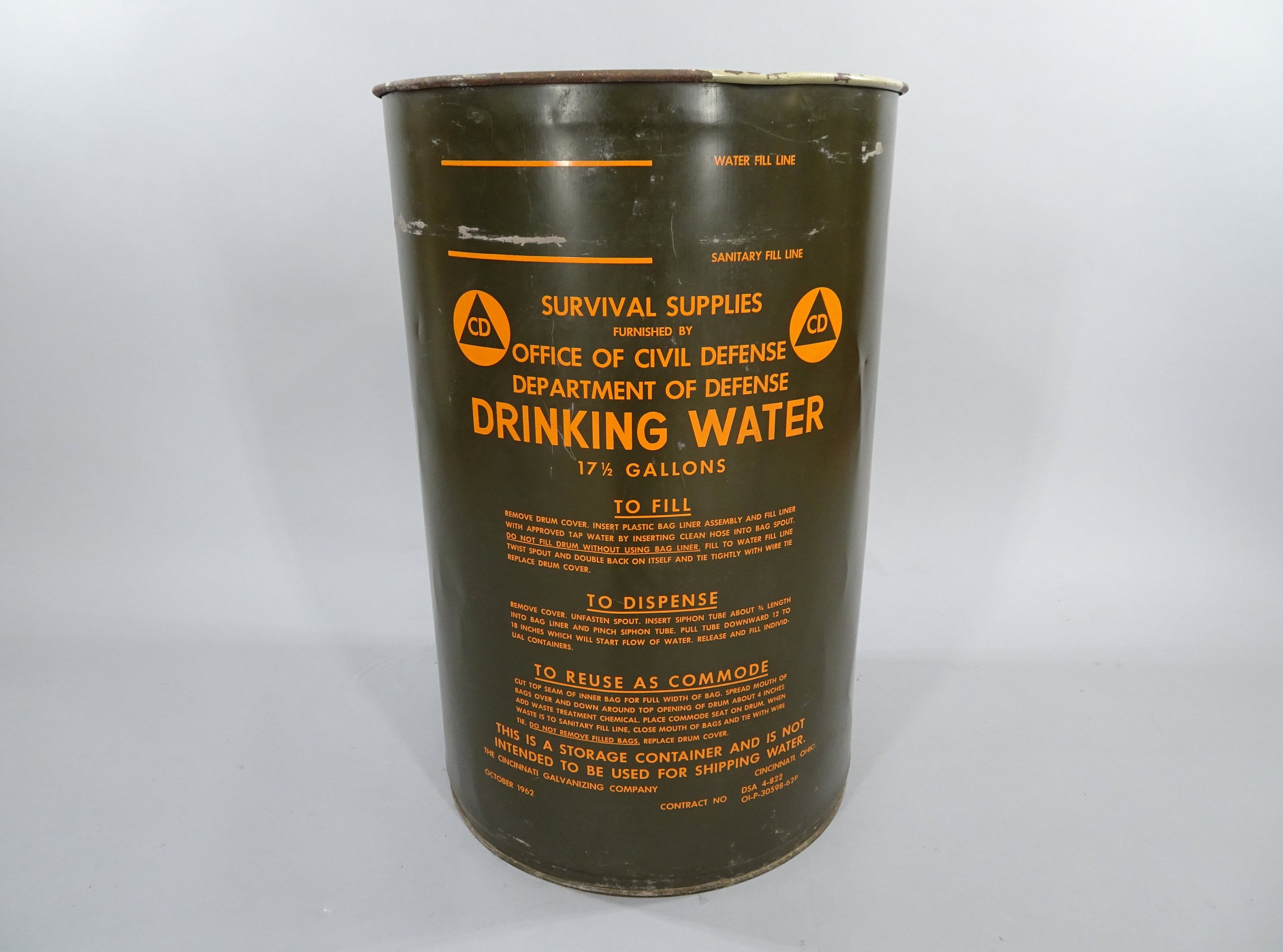 1962 CD Civil Defense Drinking Water Survival Supplies 17.5 Gallon Steel  Water Can, 1960s Vintage Cold War Fallout Shelter Prepper Gear 