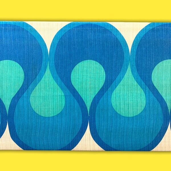 1970s Vintage Abstract Mod Style Wall Decor, Psychedelic Blue Swirl Curve, 20" x 29" Rectangle Framed Stretched Furnishing Fabric