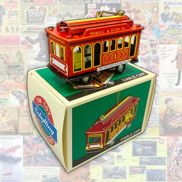 Vintage Schylling Cable Car Tin Toy Ornament, 1997 Collector Series, Mint In Box, 1930s Reproduction San Francisco Trolley Tin Toy