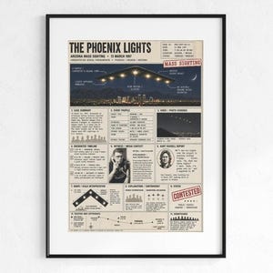 May include: Framed print titled "The Phoenix Lights" depicting a mass sighting over Phoenix, Arizona, on March 13, 1997. The image features a triangular formation of lights above a cityscape, with detailed text and illustrations.