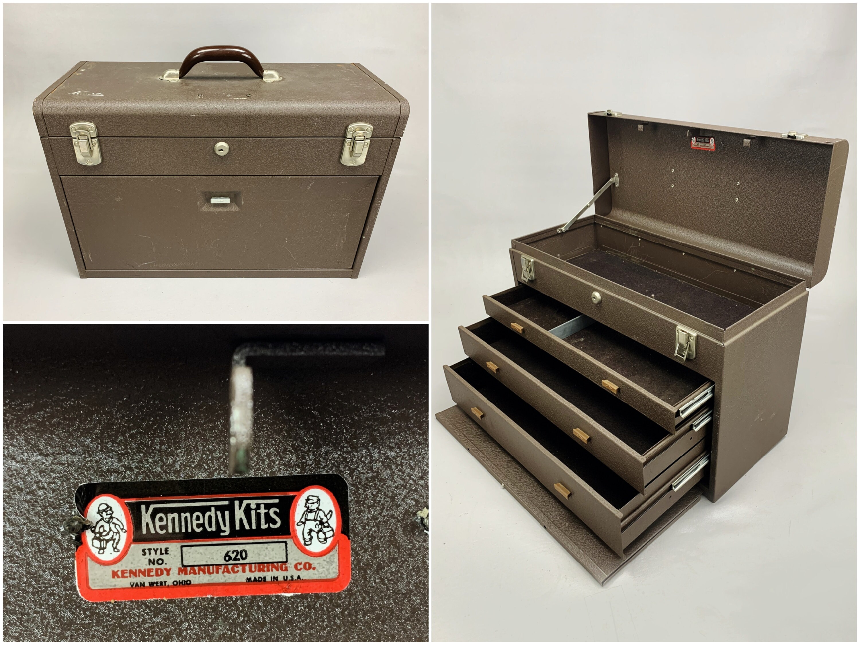 Used, Vintage Kennedy Manufacturing 620, 20&quot; 3-Drawer Machinists&#39; Steel Tool Storage Chest, Tan Brown Wrinkle Finish for sale  