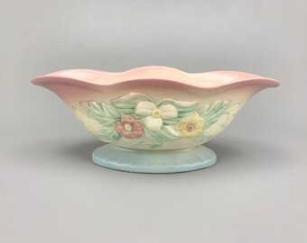 1940s Vintage Hull Art Pottery W-21-12 Centerpiece Footed Console Bowl with Pink & Blue Wildflowers