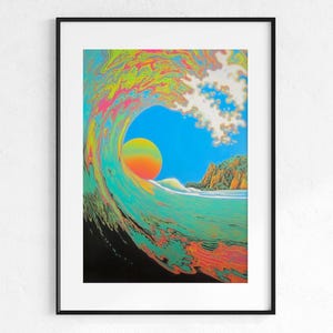 May include: A framed art print featuring a vibrant, psychedelic wave with a setting sun. The wave is depicted in shades of green, pink, and yellow, with a bright blue sky and a small island in the background. The artwork is framed in a black frame.