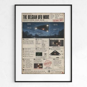 May include: Framed print titled "The Belgian UFO Wave" featuring a vintage newspaper-style layout. The image depicts a triangular UFO sighting over a landscape, with detailed text and diagrams. The print is in a black frame.