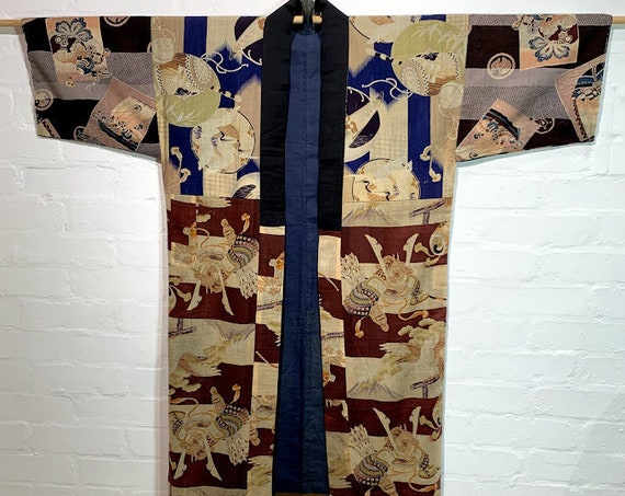 Circa 1920-30s Men's Juban Kimono: Kabuto(Samurai helmet), Hawk, Mt. Fuji, Drum, Crane, and Pine Trees