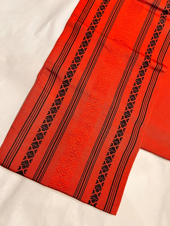 Silk Hakata-ori Woven Narrow Obi Belt - Hanhaba Hakata Obi  (Red x Black)