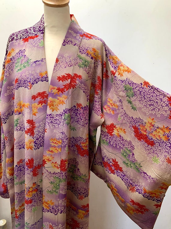 SOLD / Circa 1920-30s Vintage Silk Chirimen Crape Nagajuban Kimono: Purple, Red, Maple leaves & clounds