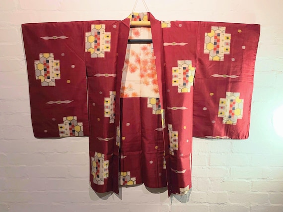 Discounted : Circa 1920-30s Vintage Silk Meisen Flat Woven Ikat Haori Jacket,   Dark Red x Geometric