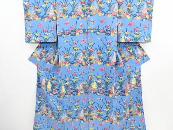 SALE/ Deadstock Silk Light Blue Katazome Kimono  (Japanese stencil dye),  Swallow, Iris, Running water and Yukizuri Pattern