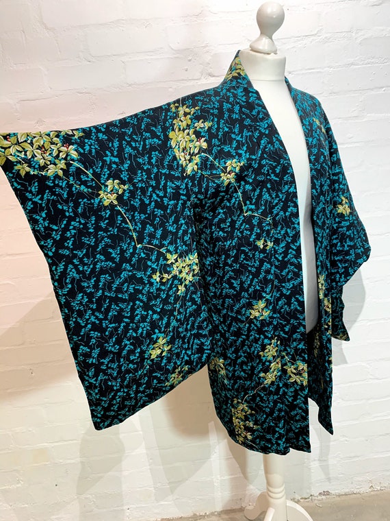 SOLD / Circa 1920-30s Silk Haori Kimono Jacket: Black x Green Senryo Botanical pattern