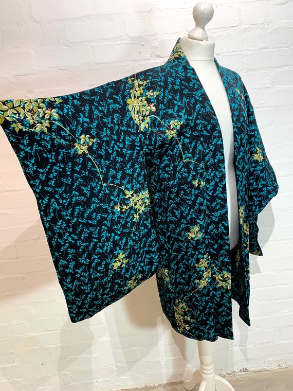 Circa 1920-30s Silk Haori Kimono Jacket: Black x Green Senryo Botanical pattern