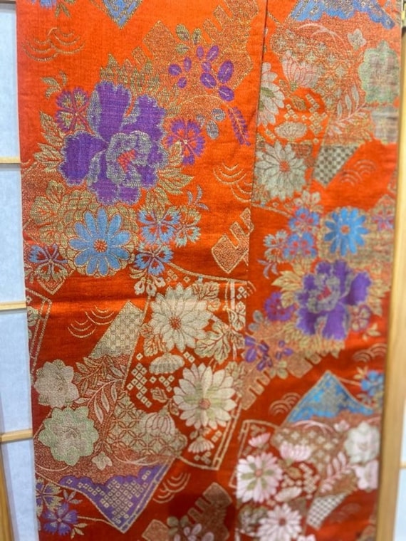 1920's Woven Silk  Floral Maru Obi  (Orange-based Floral Pattern)