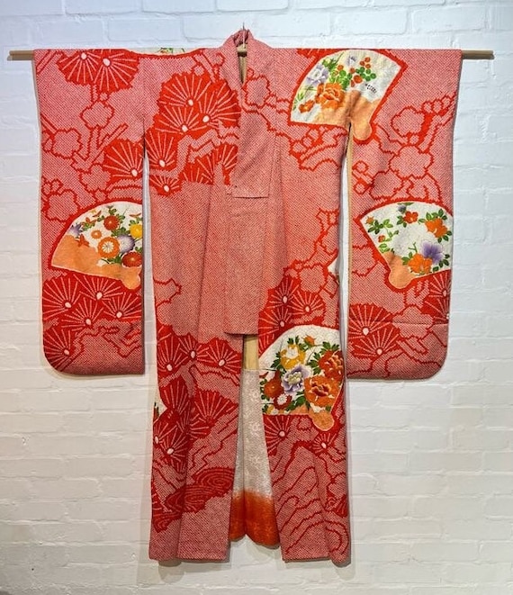 SOLD  /  Circa 1960-80s Vintage Silk SHU( 朱赤 - Orange Red) Shibori Tie-dye Furisode Kimono