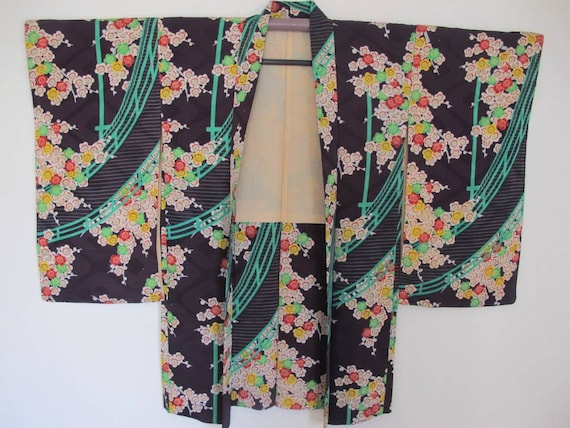 Circa 1920-1930s Silk Haori Black x Japanese Art Deco Plum Blossom & bridge girders