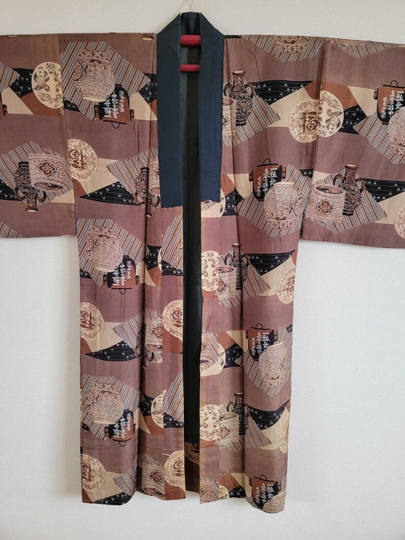SOLD / Circa 1920's Art Deco Men's Silk Juban Kimono (Brown bases & fortune symbols pattern )